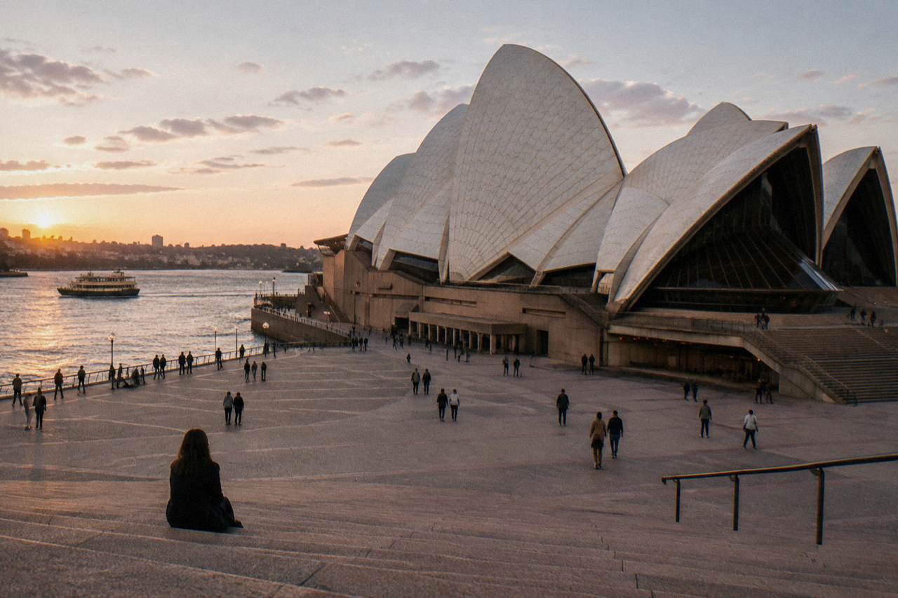 The white sail-shaped roofs of the Sydney Opera House seen from the Circular Quay forecourt on a clear day