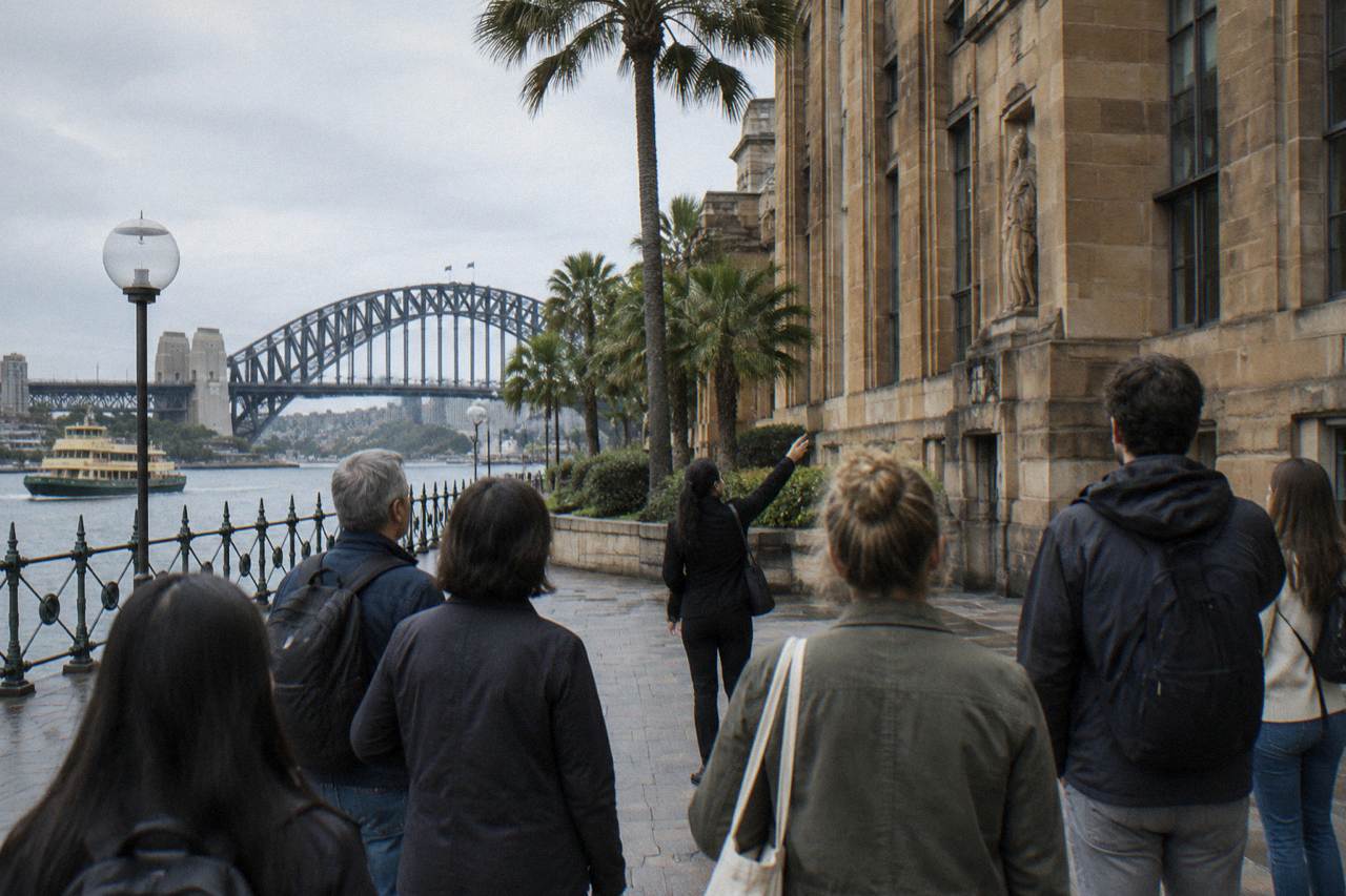 A walking tour group gathered around a guide near Circular Quay, with the Sydney Opera House and Harbour Bridge in the background
