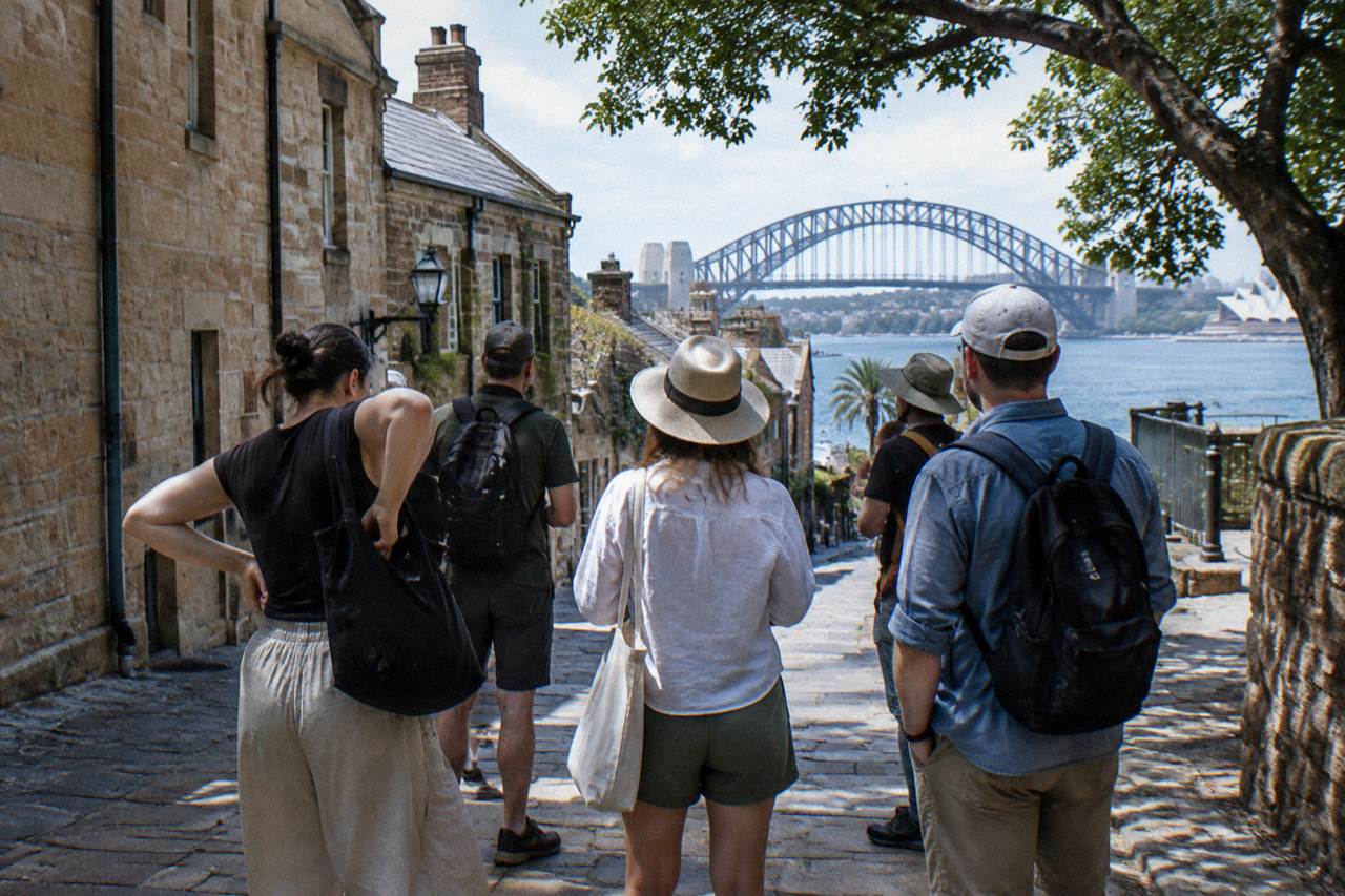 A tour guide holding a small flag speaks to a group of visitors gathered near the sandstone buildings and harbour foreshore at Circular Quay in Sydney.