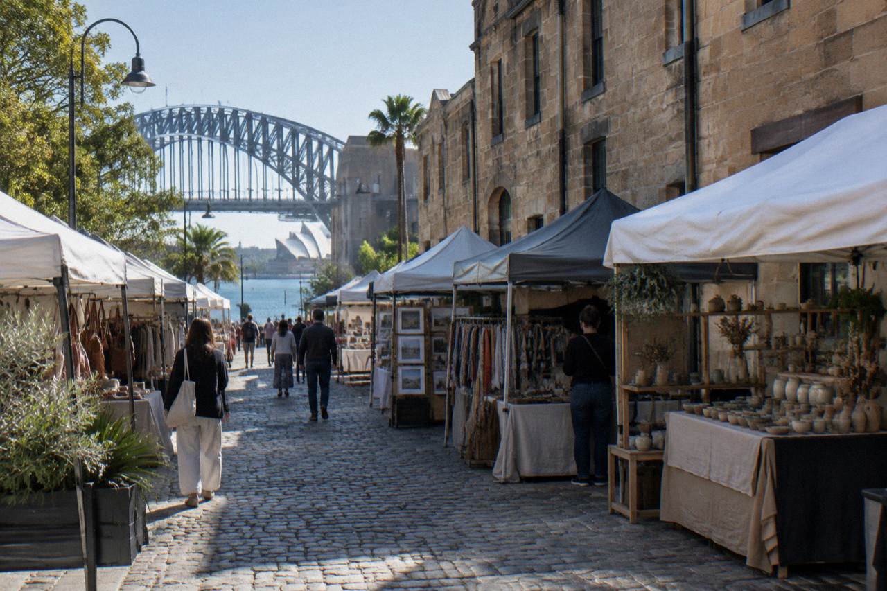 Weekend market stalls set along the historic sandstone laneways of The Rocks, with visitors browsing under awnings near Sydney Harbour