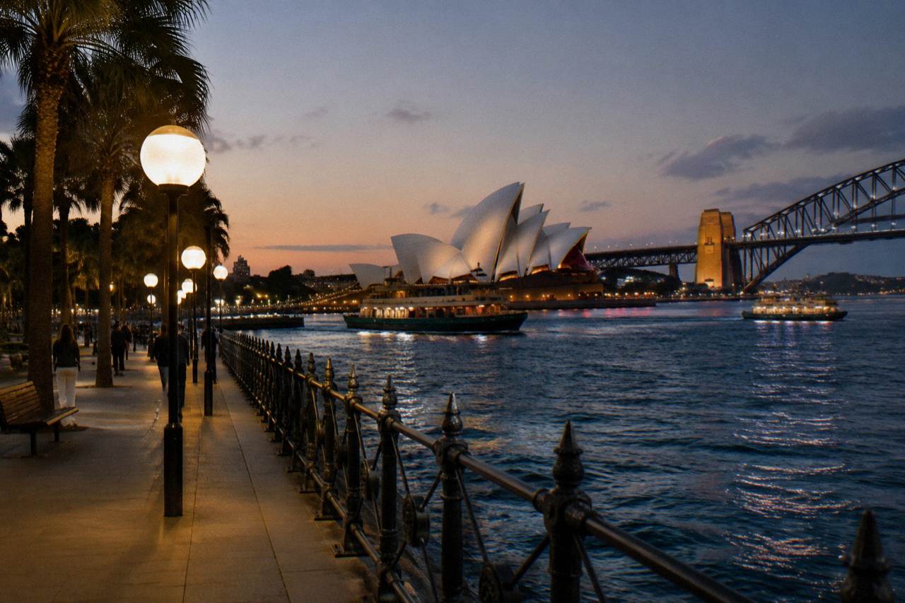 Sydney Opera House sails and harbour foreshore lit up at dusk, with ferries crossing the water in the evening light